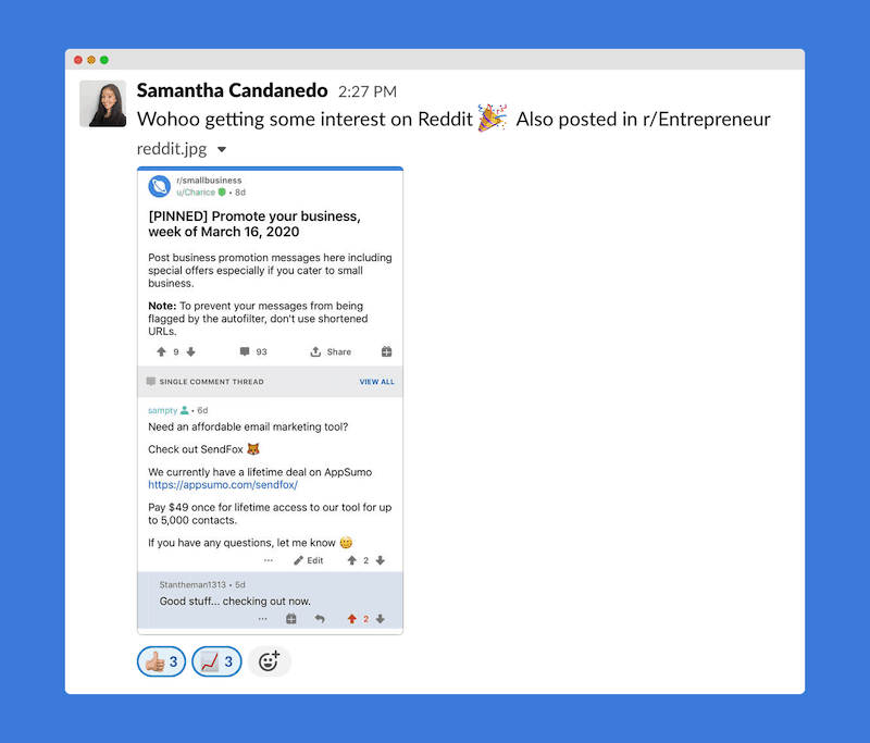 Samantha’s Slack post telling us about her reddit idea