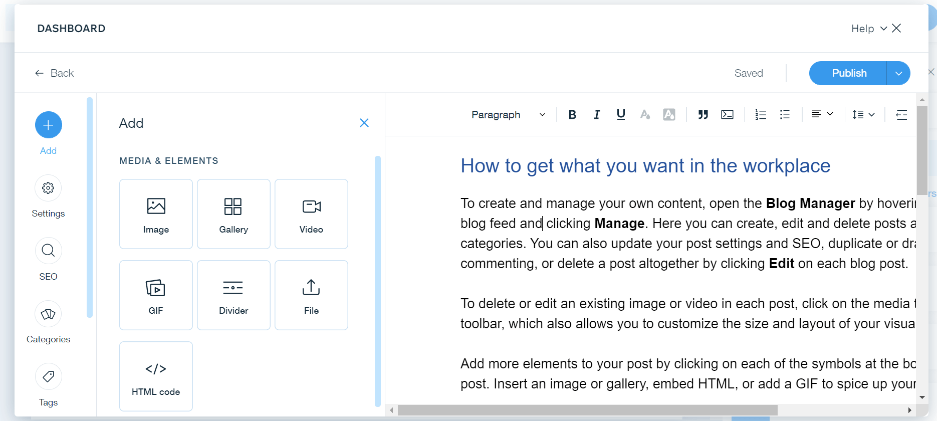 Wix dashboard