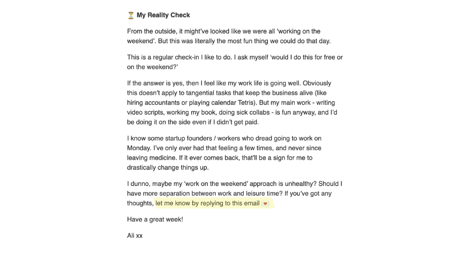 Ali Abdaal's newsletter example