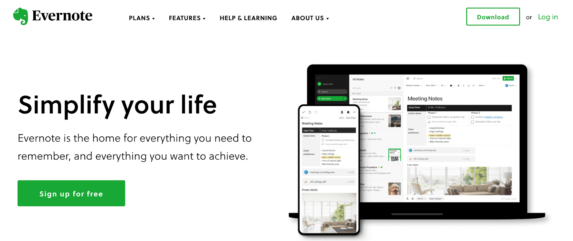 Evernote homepage