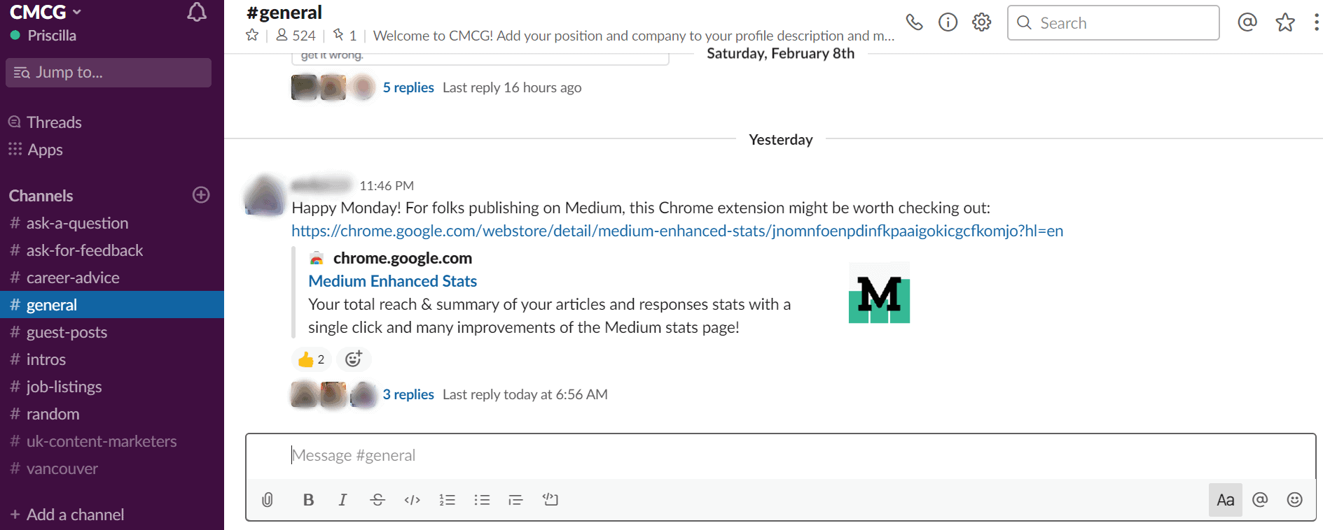 Slack chat @ CMCG Channel