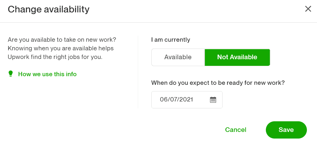 Upwork - Change availability