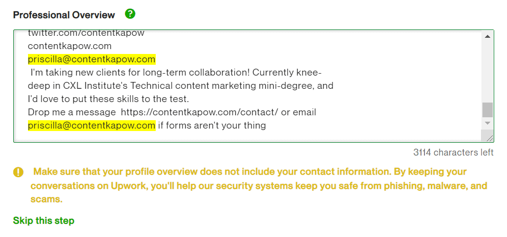 Fiverr's professional overview - contact information