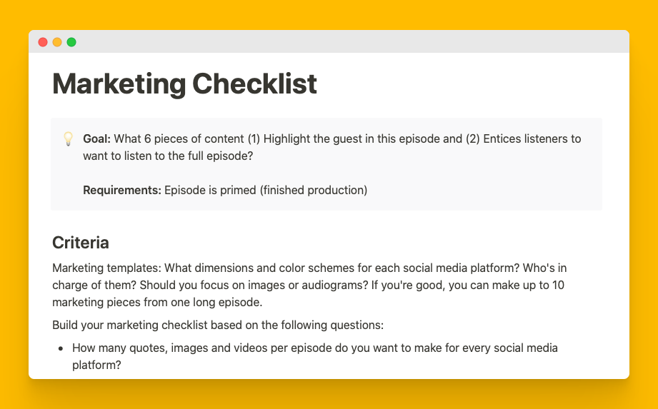 podcast tips marketing checklist
