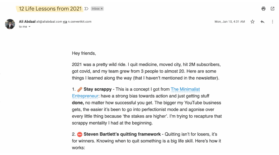 Ali Abdaal's newsletter example
