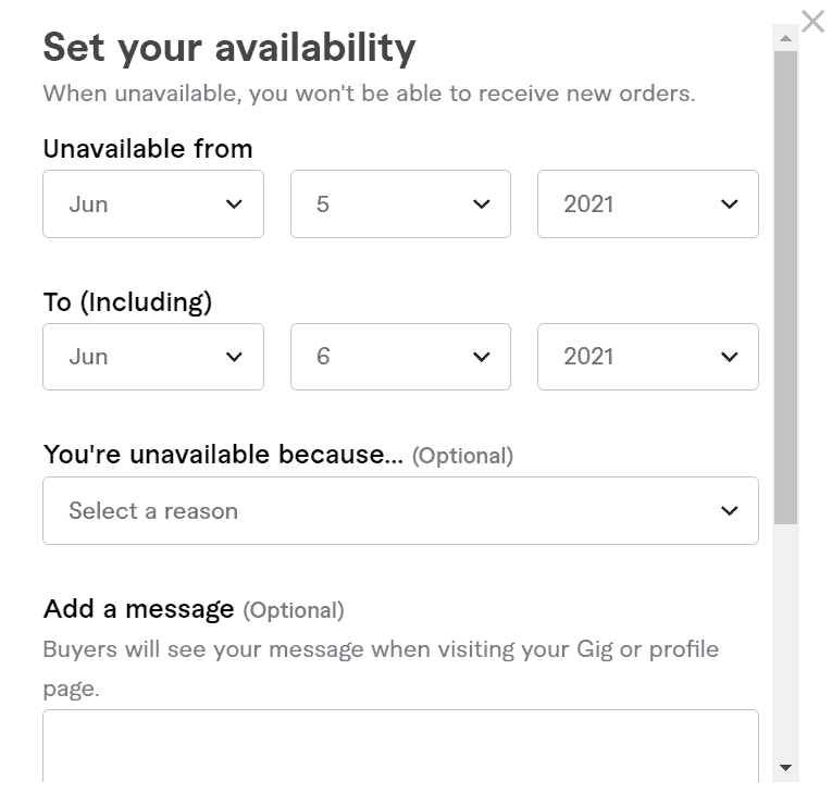 Fiverr feature - schedule down to specific dates