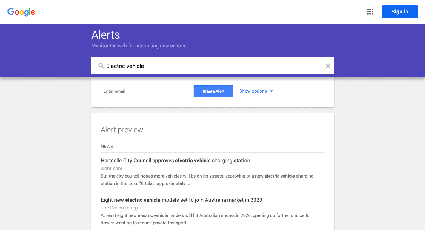 Google alert for "electric vehicle" keyword