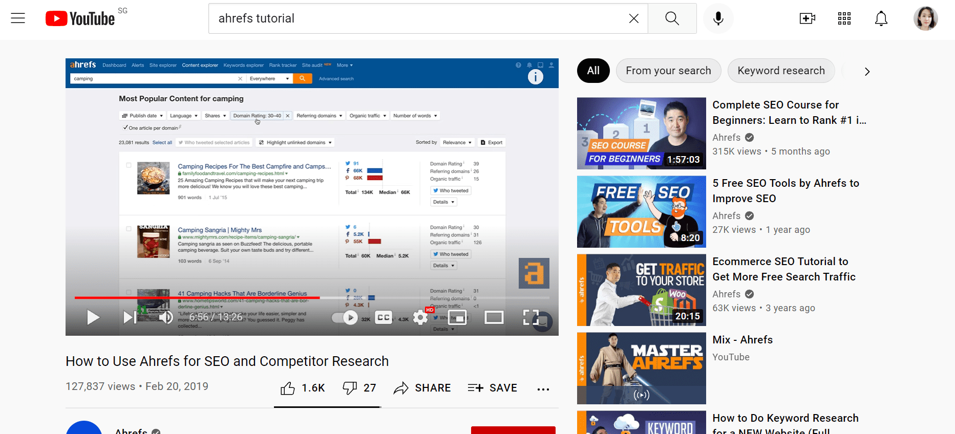 Ahrefs's YouTube tutorial