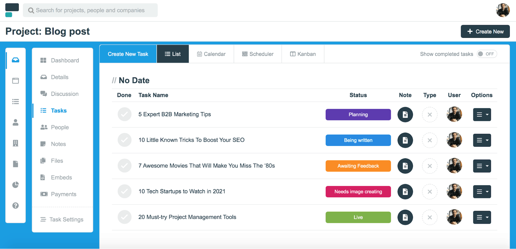 Time management tools - Project.co's blog post list/scheduler