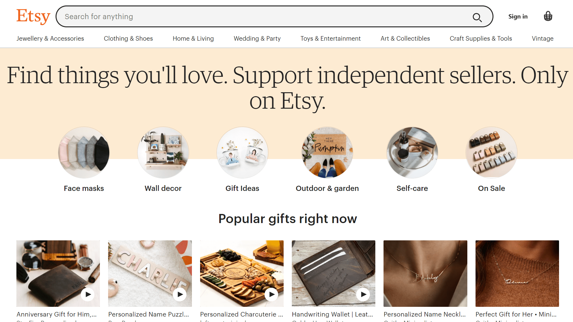ETSY landing page