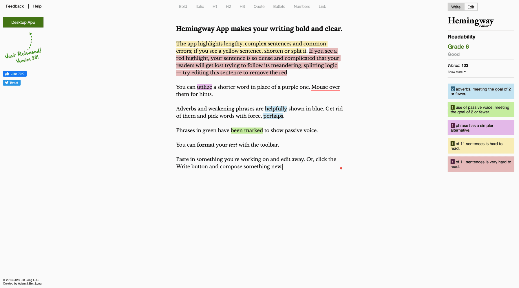 Screenshot of Hemingway app