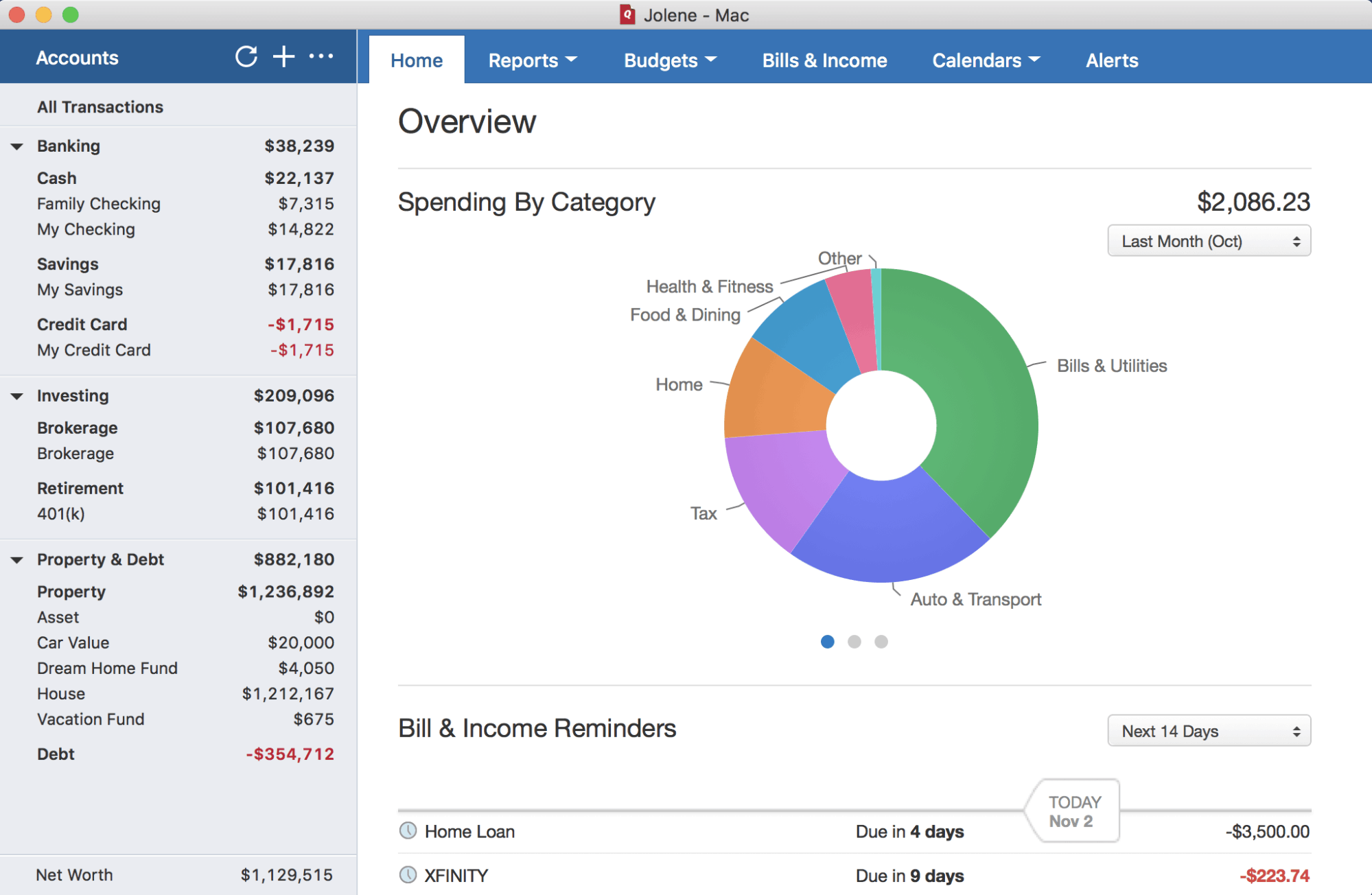 Quicken dashboard