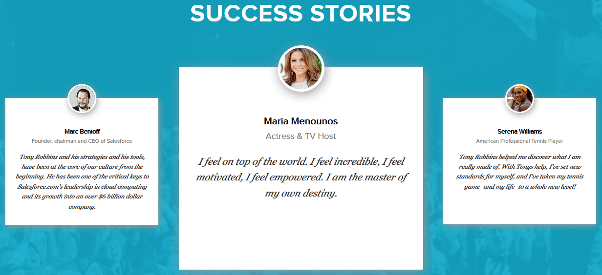 Tony Robbins' testimonials on his homepage