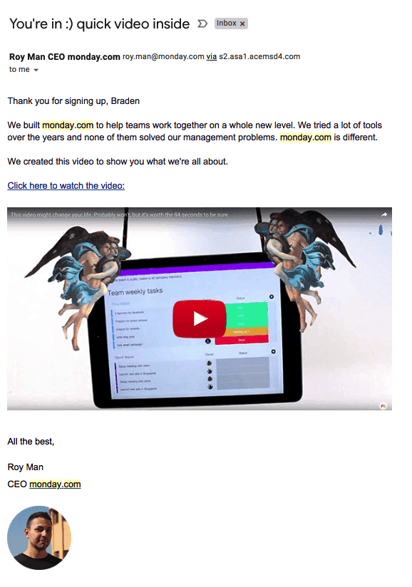 Monday.com welcome email example