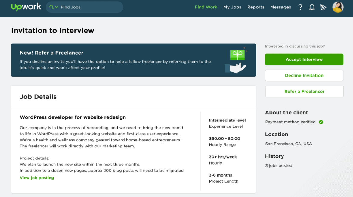 Upwork - invitation to interview