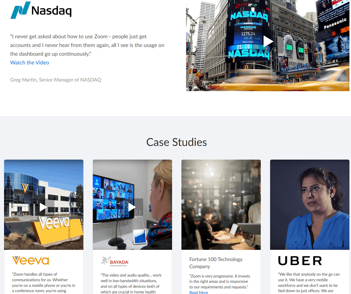 testimonials on Zoom website