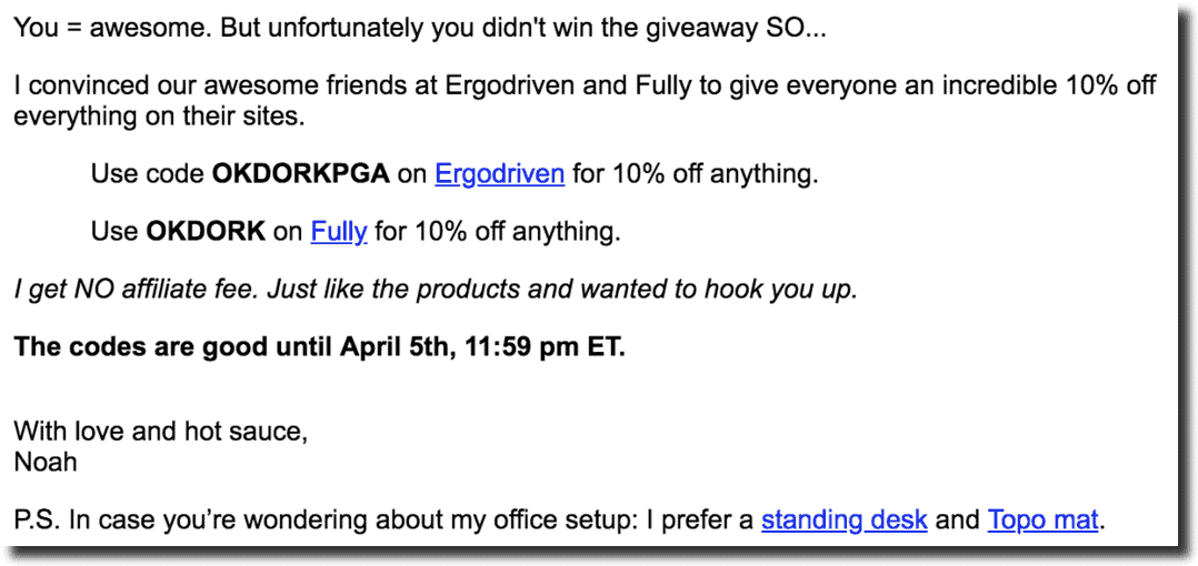 Kingsumo blogpost social media contest result email