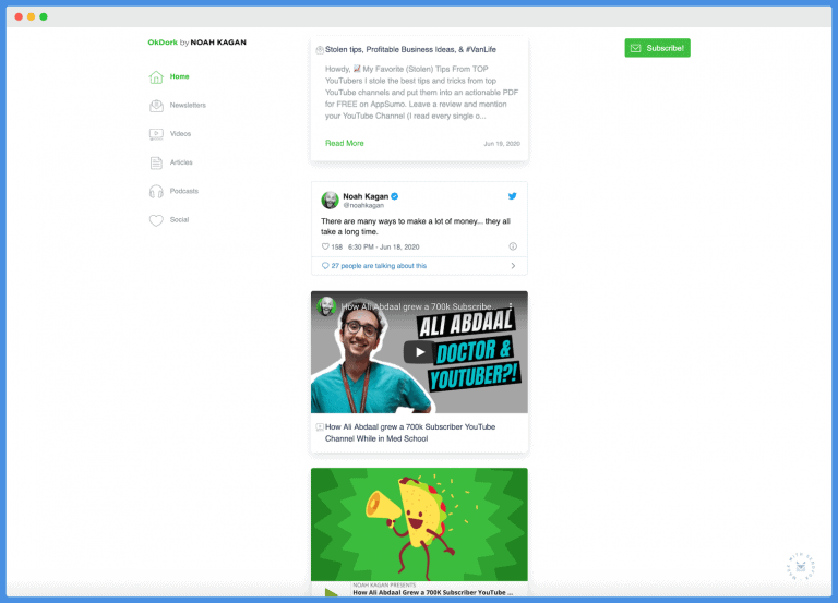 Noah Kagan SendFox Feed Page