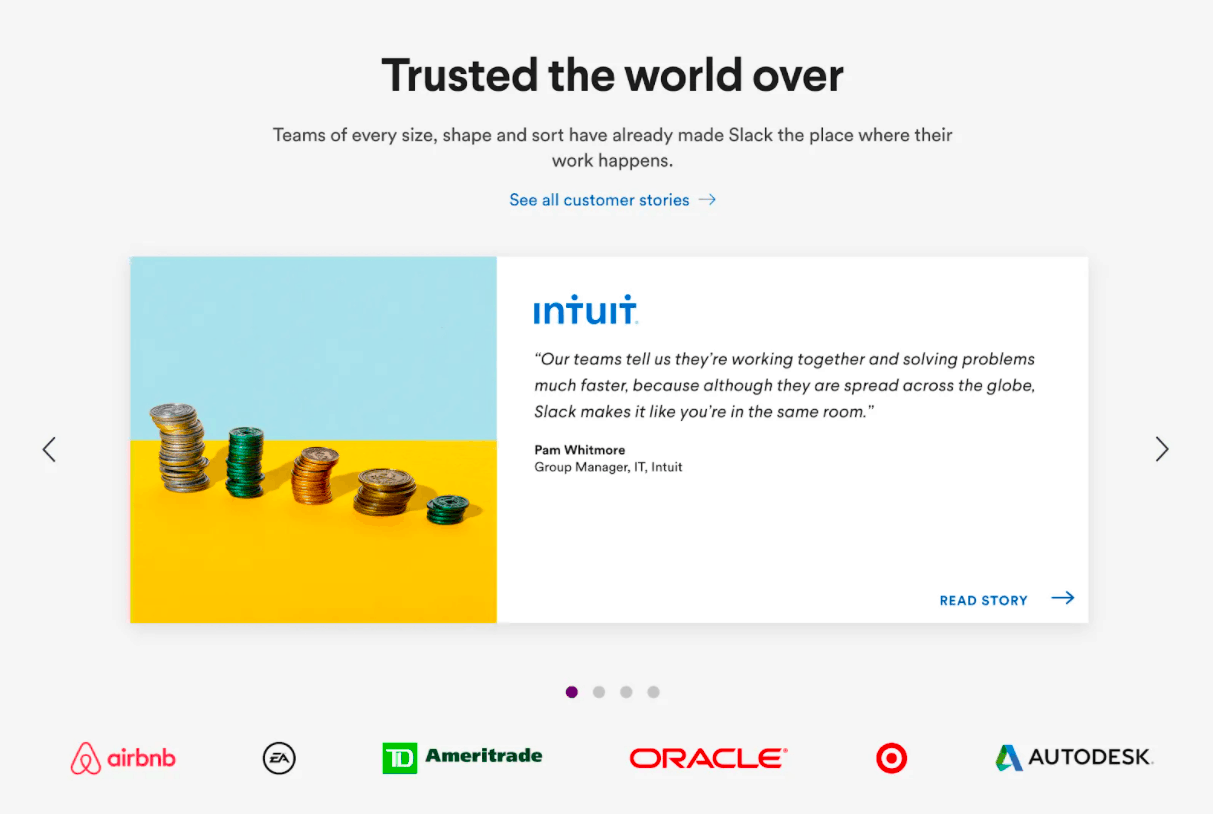 Best Homepages Online - Slack uses a combination of customer case studies and logos of well-known customers