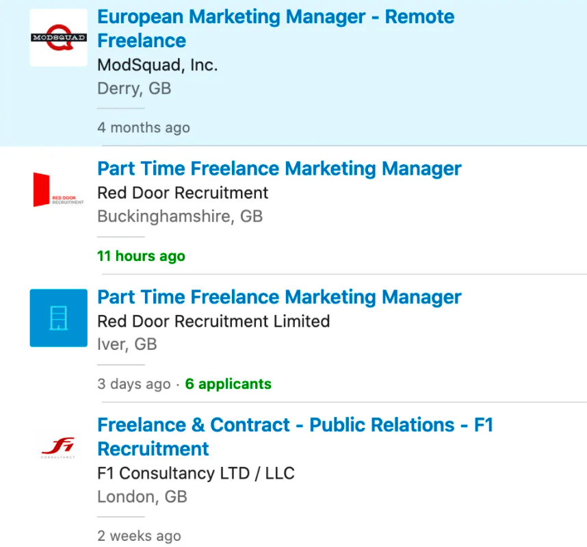 Screenshot of LinkedIn freelance roles search result