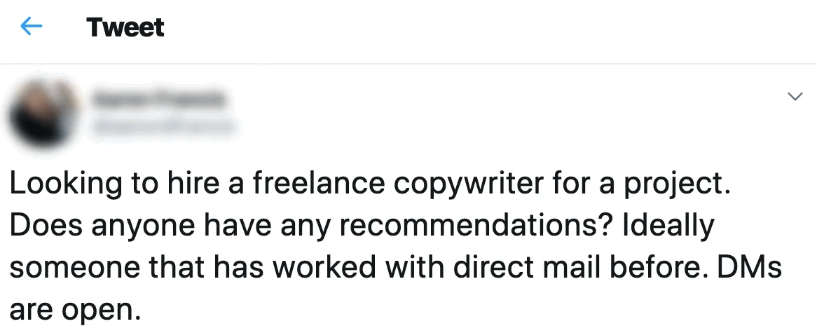 Screenshot using Tweet about looking for freelance work.