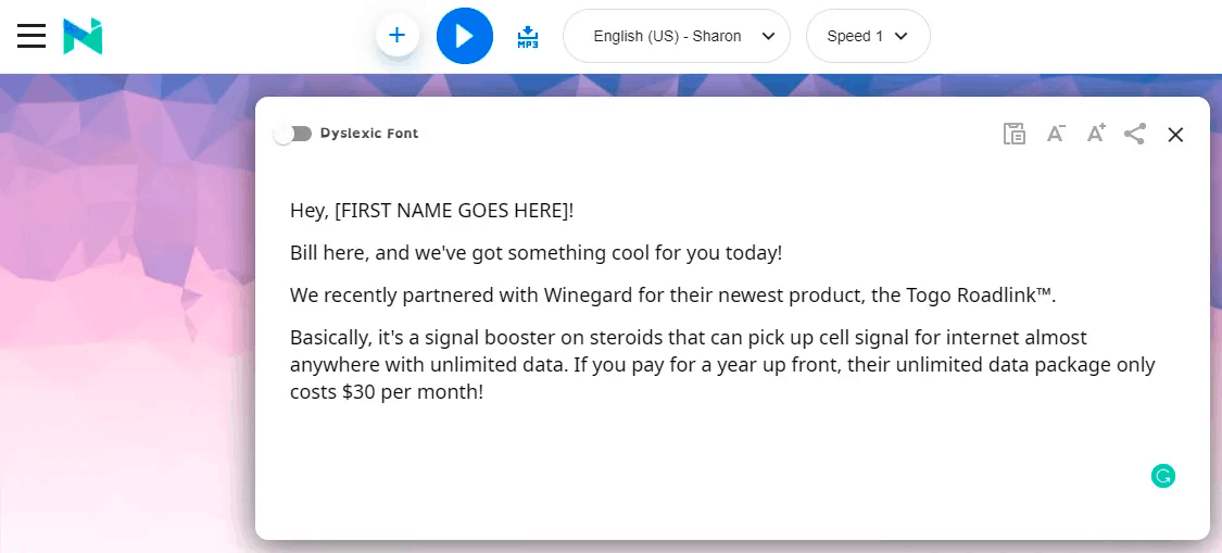 Screenshot of text-to-speech tool like Natural Readers