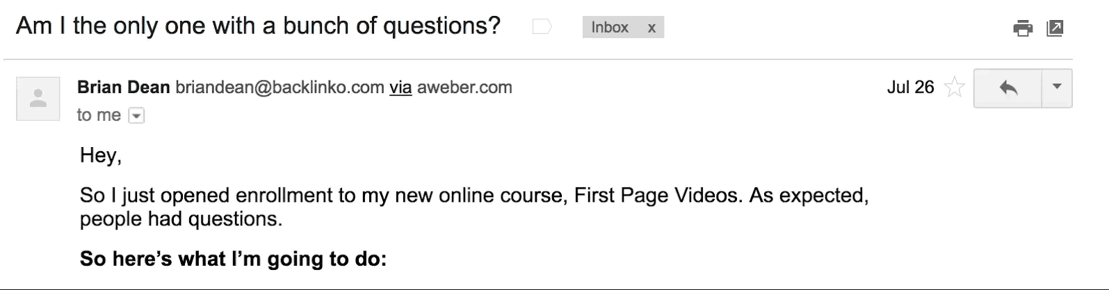 Best Email Subject Lines: Screenshot of email from Brian Dean