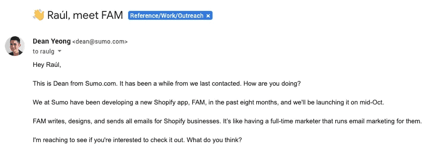 Best Email Subject Lines: Screenshot of email from Dean Yeong