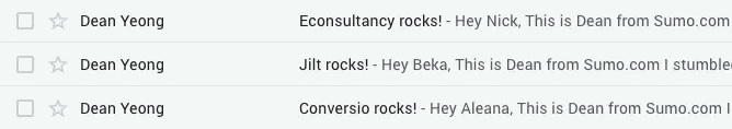 Best Email Subject Lines: Screenshot of email subject lines from Dean Yeong