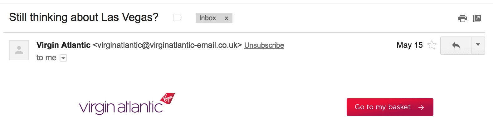 Best Email Subject Lines: Screenshot of email from Virgin Atlantic