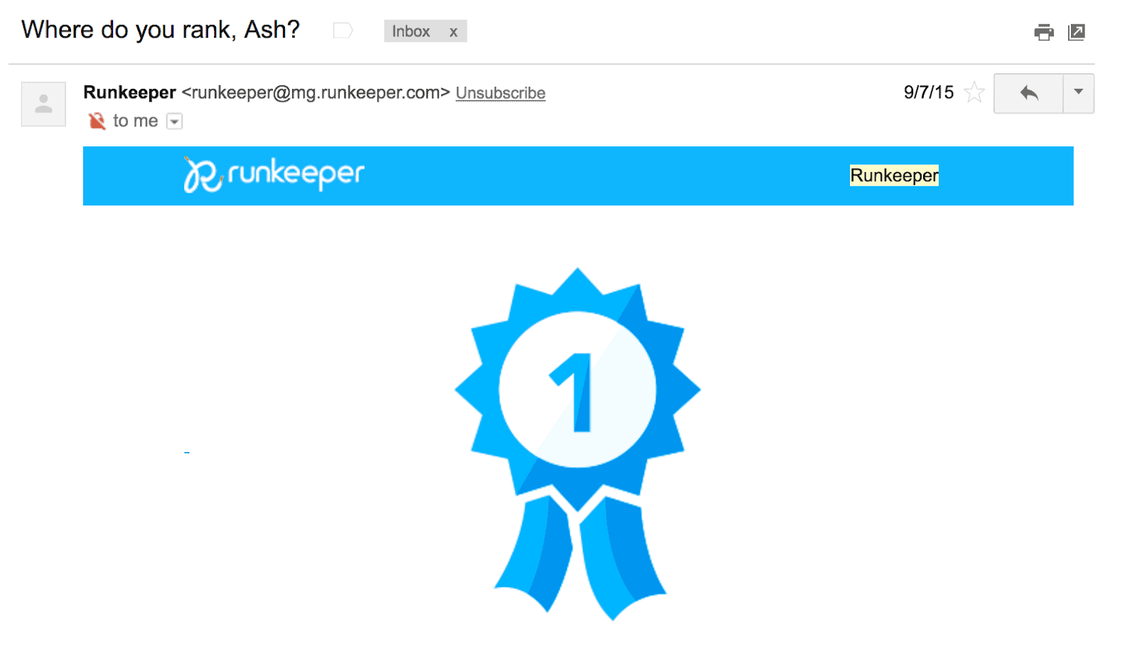 Best Email Subject Lines: Screenshot of email by Runkeeper