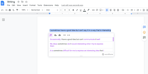 Wordtune auto suggestions